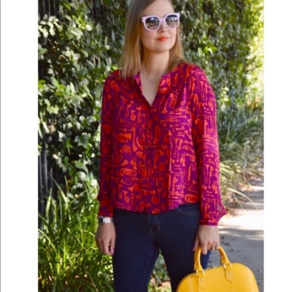 Anthropologie Toot Your Horn 22 of 52 Conversations Instrumet Shirt Blouse 2 XS - Picture 2 of 9